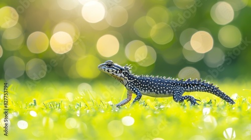  A tight shot of a tiny lizard in a sea of green grass The bokeh of light illuminates its back, while the background fades into a blur of circular green bo
