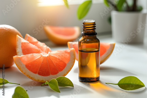 Grapefruit aromatherapy essential oil in dark glass bottle 