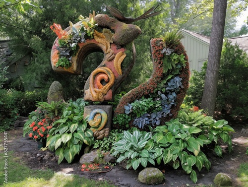 A large plant sculpture in a garden with a dragon shape. The dragon is made of plants and flowers, and it is surrounded by other plants and flowers. The garden has a colorful and lively atmosphere
