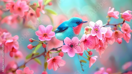  A bluebird atop a tree branch, surrounded by numerous pink blossoms against a backdrop of blue and pink Background features a softly blurred sky