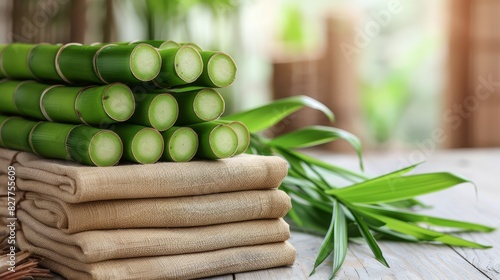 bamboo sticks aligned vertically on a wooden table, adjacent to a bamboo plant and a cloth sack brimming with bamboo leaves