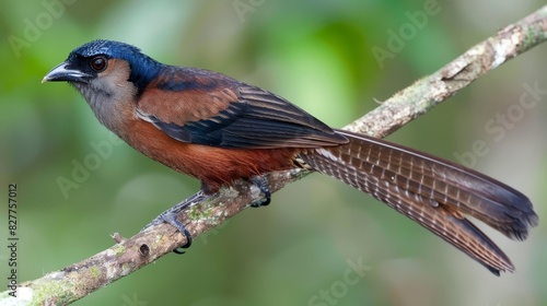  A close-up of a bird on a branch with a blurry background behind it, and a softly blurred foreground