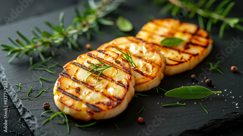 Grilled Halloumi Cheese Slices on Slate Plate