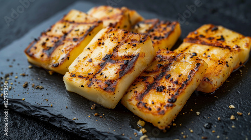 Grilled Halloumi Cheese Slices on Slate Plate