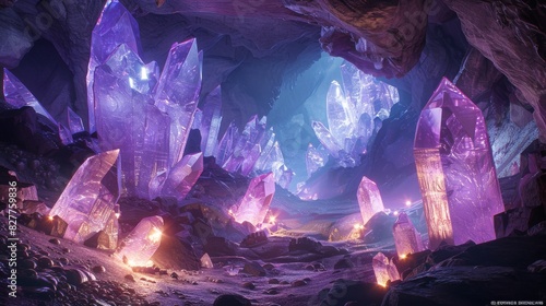 3D Crystal cave with glowing minerals