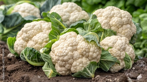  A close-up of cauliflowers growing in a field, their dirt-covered roots beneath, topped with green leaves