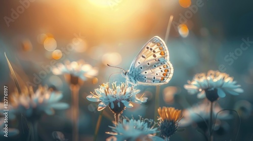  A tight shot of a butterfly atop a bloom, surrounded by the sun's brilliance Background lightly blurred..A blurred depiction of a butterfly hover