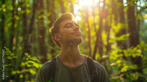 Man Breathing Fresh Air in Lush Forest
