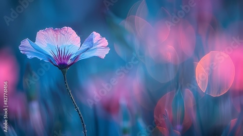  A tight shot of a blue bloom against blurred backlights, overlapped by a hazy foreground flower image with an ambiguous background
