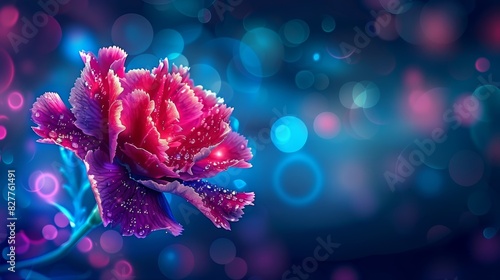  A close-up of a pink flower with water droplets on its petals and a blue halo of light in the background, surrounded by a blurry halo of light