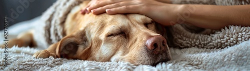 Close-up of a relaxed dog receiving a gentle pat on the head while lying comfortably on a cozy blanket.