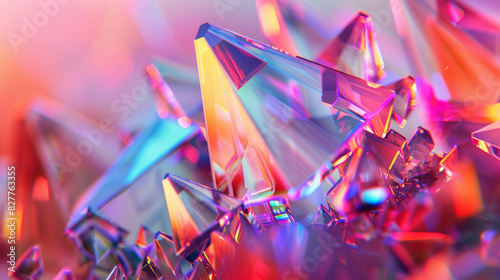 Modern Abstract Banner, with Refractive Crystal Shapes. Vibrant, Multicolored 3D Render with copy-space