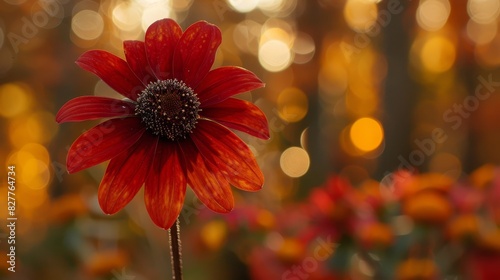  A close-up of a red flower with blurry lights in the background and a blurred foreground instead of a blurry background