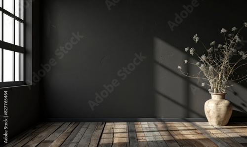 dark gray wall in the room with wooden floor, vase of plant on right side, window on left side, 3d rendering mock up,