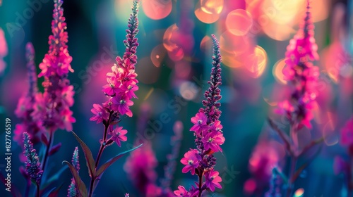  A close-up of a blooming bunch of flowers with blurred background lights, and a blurred foreground bokeh of lights