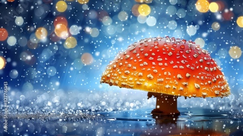  A tight shot of a vibrant umbrella on a damp surface, surrounded by a hazy backdrop of raindrops and illuminated by soft light beaming from above