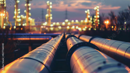 Close-up of large gas pipes connecting to an oil refinery. Oil refinery. Industry concept.