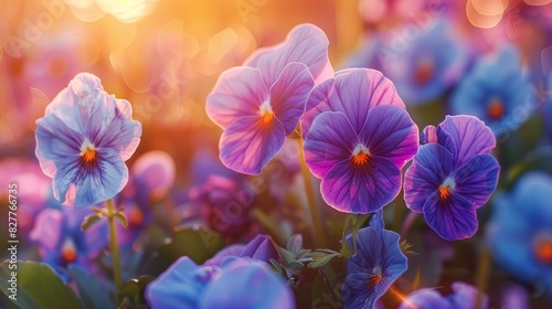  A field of purple and blue flowers, sun shining through leafy tops In its heart, pink, blue, and purple petals bloom