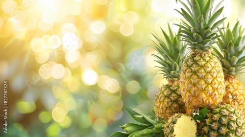  A cluster of pineapples arranged vertically before a hazy backdrop of green and yellow bokeh circles (Bokeh refers to the aesthetic quality of the blur produced in the