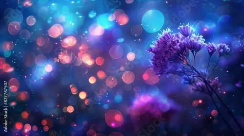  A close-up of a purple flower against a blurred backdrop, featuring a distinct bubble of lights at the image's center, encircled by an indistinct halo