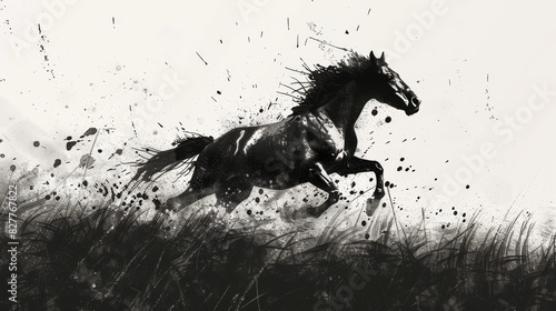 An Energetic Black Stallion in Full Stride, Surrounded by Dynamic Ink Splashes and Grass.