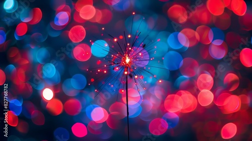  A dandelion in sharp focus against a backdrop of indistinct red, blue, and pink lights on a vaguely defined dark field of blurred lights