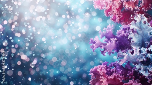  Close-up of vibrant corals against a blue-pink backdrop Light softly blurred, top to bottom, originates above corals