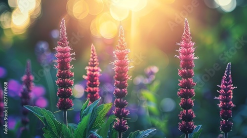 sun filters through greenery; flowers near foreground - purple, red, green, purple, pink, and green