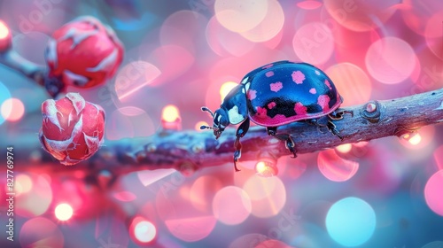  A ladybug perches on a tree branch against a backdrop of pink and blue bouquets Foreground features a blurred scene of pink and red lights