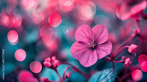  A tight shot of a pink flower against a backdrop of softly blurred lights Foreground features a faintly blurred image of a plant, also bearing a pink bloom