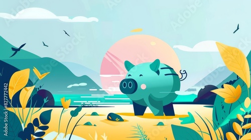 Craft an illustration of a serene beach at sunset, featuring a piggy bank in the sand as a metaphor for saving money, with a clear sky and ocean in the background for copy space