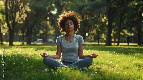 "Mixed-race Woman Meditating in Park with Nature Background"