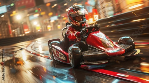 Thrilling Scene of a Kart Speeding Through the Finish Line, Enhanced by Dynamic Effects and the Racer's Helmet for an Adrenaline-Packed Moment 