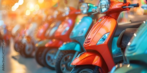 Freshly delivered mopeds showcased under dim lighting in dealership room. Concept New Mopeds, Dim Lighting, Showroom Display, Fresh Deliveries