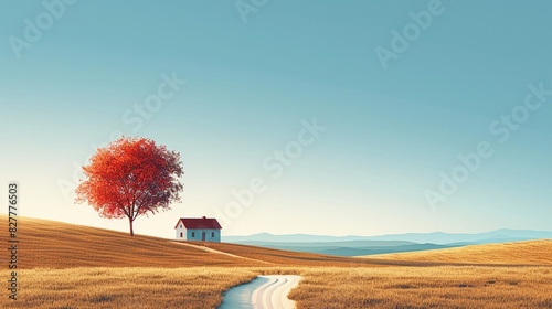 Minimalist depiction of a rural landscape with a simple dirt road, farmhouse, and large tree, clean lines and soft colors, Minimalist, Digital Art 8K , high-resolution, ultra HD,up32K HD