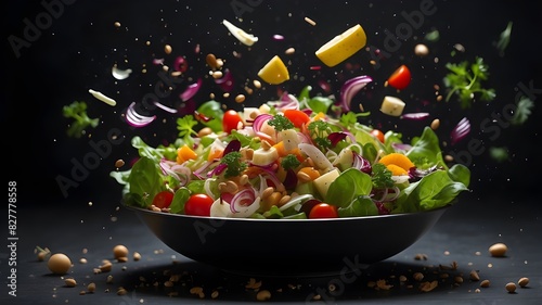 Salad with ingredients and food pieces floating in the air on dark background Generative AI