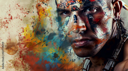 abstract portrait of an aboriginal warrior with traditional tatoos and painting, strong and fit, natural background color