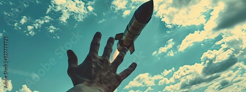 A man's hand holds a rocket. Selective focus.