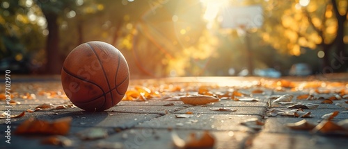 Basketball resting on an outdoor court, bathed in warm sunlight with a hoop in the background, high resolution, Realism, Photography 8K , high-resolution, ultra HD,up32K HD