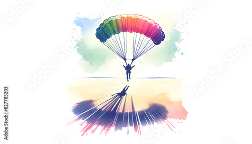 Watercolor Illustration of Parachute and Person with Their Shadow
