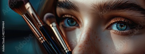 makeup brushes on a woman's face. Selective focus.