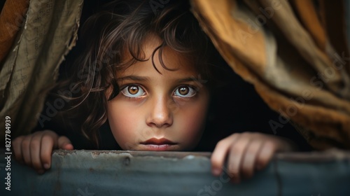 a child looking out a window at a refugee camp, 