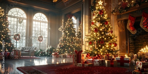 Christmas Living Room with Tree and Presents by Fireplace