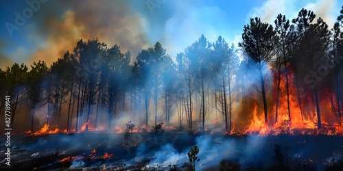 Large forest fire destroys pine trees in dry season global wildfire catastrophe. Concept Wildfire Prevention, Climate Change Impact, Forest Protection, Emergency Response, Environmental Conservation