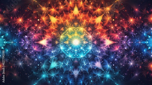 Design a star pattern with various sizes of stars arranged in a symmetrical design, using a vibrant color palette to create a dynamic and visually appealing effect 
