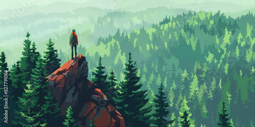 Forest Green Illustration: A hiker stands atop a mountaintop, taking in the breathtaking view of the forest stretching out below them.