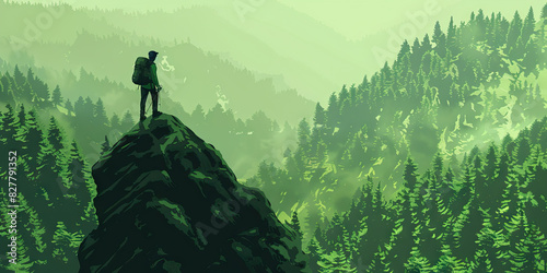 Forest Green Illustration: A hiker stands atop a mountaintop, taking in the breathtaking view of the forest stretching out below them.