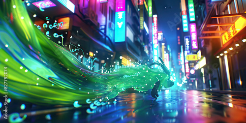 A techno-organic hybrid, fused with technology and nature, glides through the neon-lit streets of the city, leaving a trail of bioluminescent light in its wake