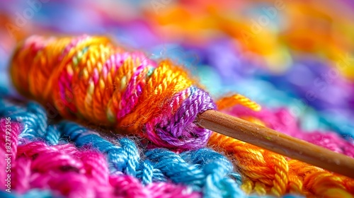 Close-up of colorful yarn wrapped around a crochet hook, showcasing bright and vibrant patterns suitable for crafting and knitting projects.