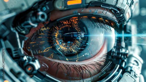 Close-up view of a futuristic cybernetic eye, showcasing advanced technology, AI integration, and the future of human-machine interaction.